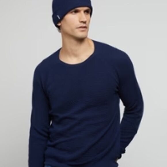 Onia Waffle Navy Cashmere Boxset Long Sleeve Sweater & Beanie XL New in Box NWT - Picture 1 of 13